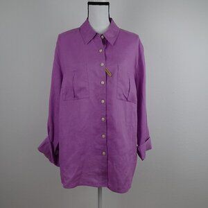 Investments Linen Blouse Top Women's 18W Purple Roll Tab Sleeves